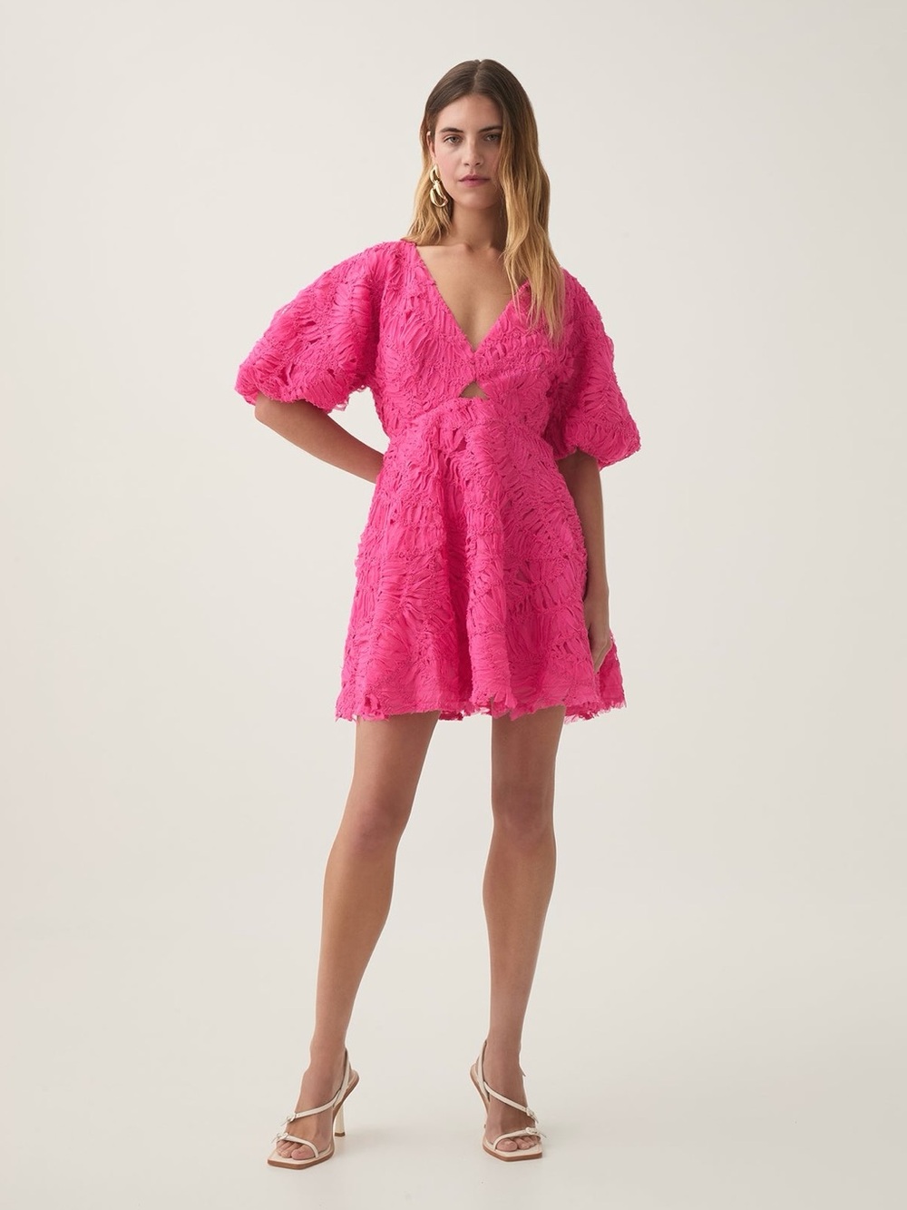 NWT Aje Hot Pink Florential Mini Swing Dress Coquette Party Puff Sleeves 4